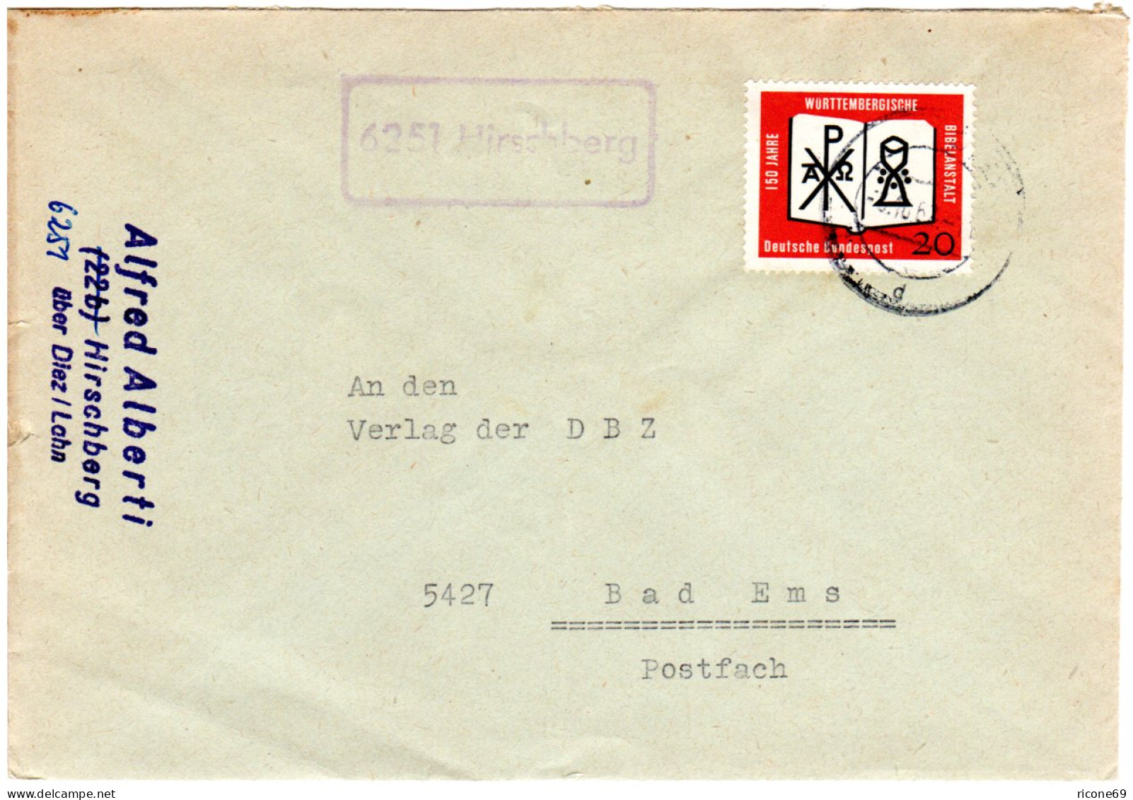 BRD 1962, Landpost Stpl. 6251 HIRSCHBERG Auf Brief M. 20 Pf. Bibelanstalt - Storia Postale