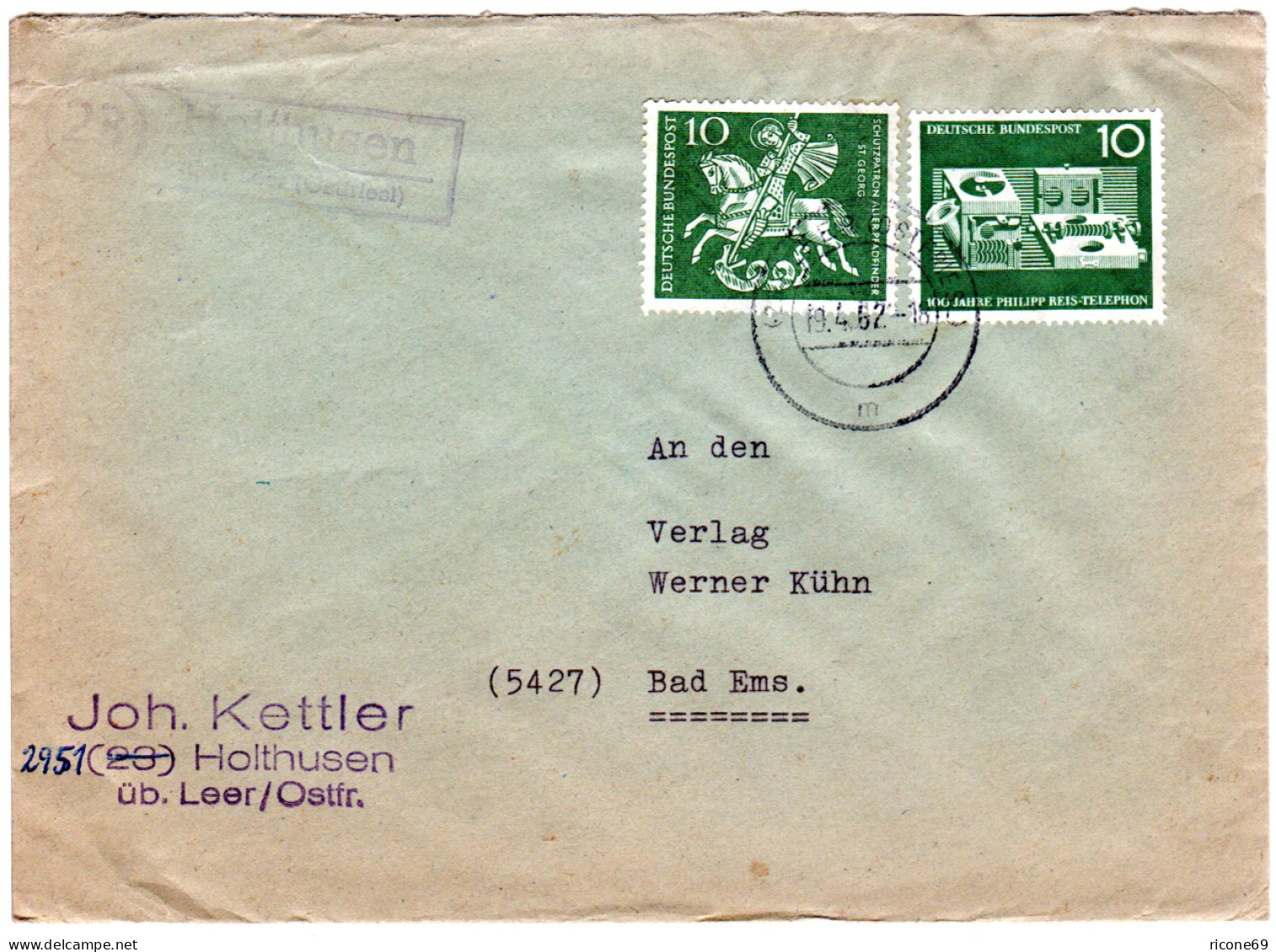 BRD 1962, Landpost Stpl. 23 HOLLHUSEN über Leer Auf Brief M. 2x10 Pf. - Storia Postale