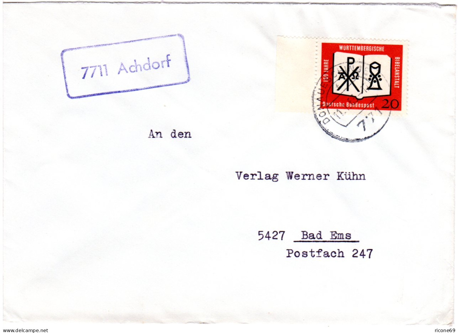 BRD 1963, Landpost Stpl. 7711 ACHDORF Auf Brief M. 20 Pf. Bibelanstalt - Verzamelingen