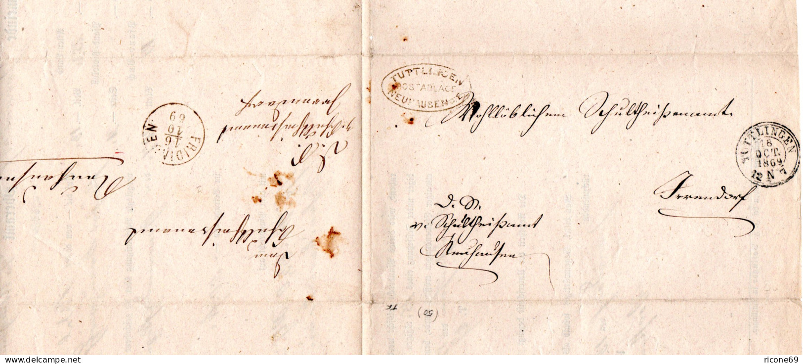 Württemberg 1869, Postablage Neuhausen U. Innen K1 Fridingen Auf Wende Brief  - Covers & Documents