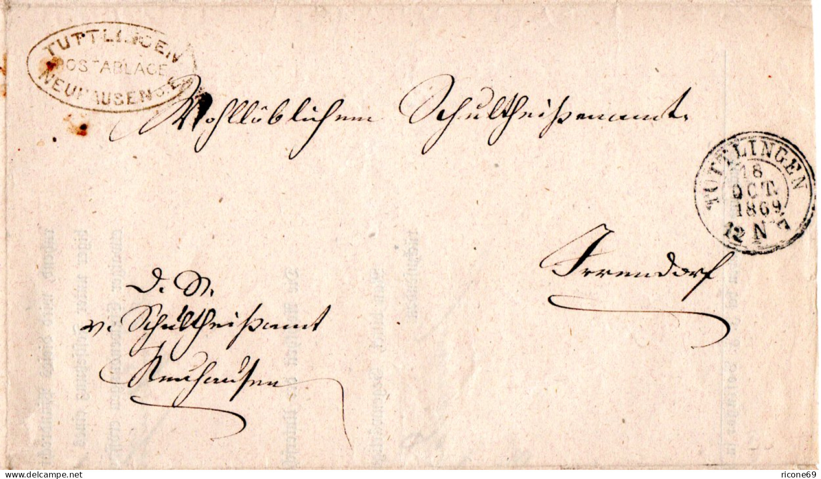Württemberg 1869, Postablage Neuhausen U. Innen K1 Fridingen Auf Wende Brief  - Covers & Documents