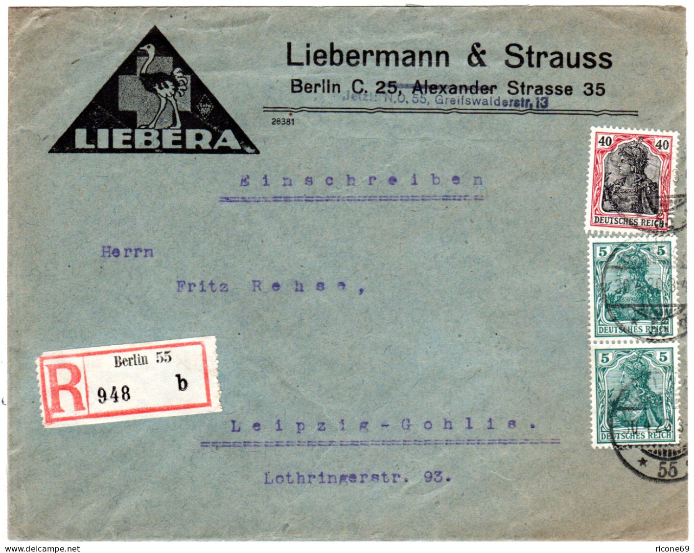 DR 1920, 40+2x5 Pf. Germania Auf Firmen Einschreiben Brief V. Berlin 55 - Briefe U. Dokumente