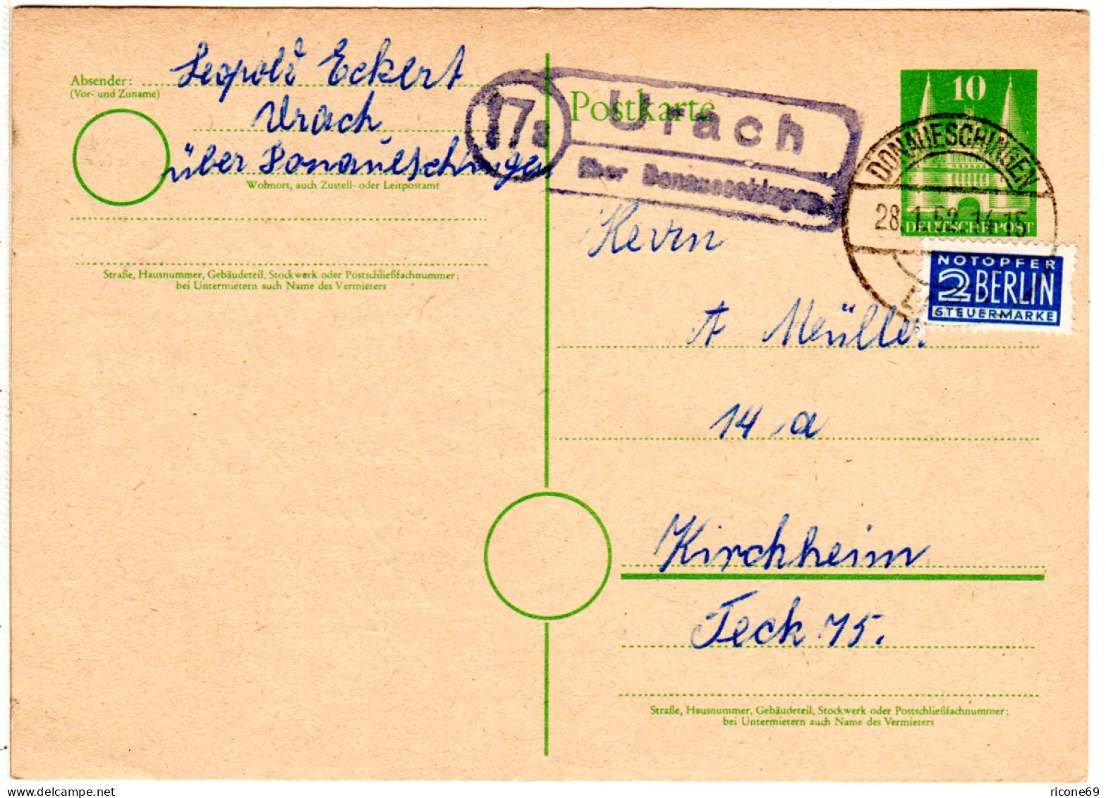 BRD 1952, Landpost Stpl. 17a URACH über Donaueschingen Auf 10 Pf. Ganzsache - Collections