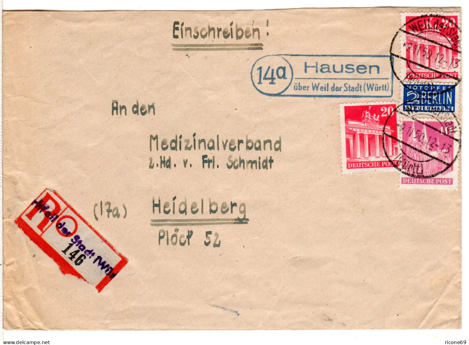 BRD 1950, Landpost Stpl. 14a HAUSEN über Weil Der Stadt Auf Einschreiben Brief! - Storia Postale