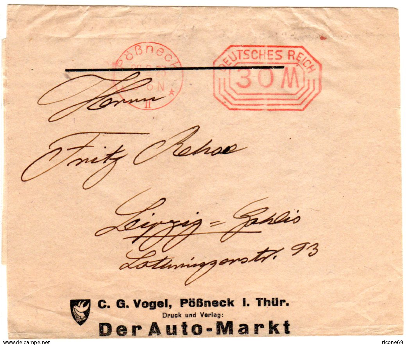 DR 1923, Auto-Markt Drucksachenschleife M. Pössneck Freistempel - Covers & Documents