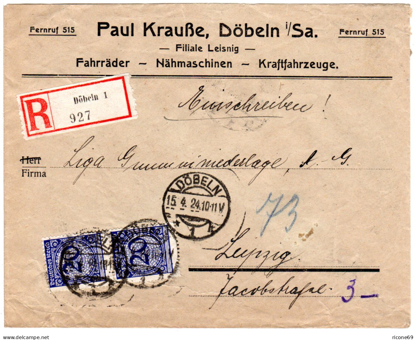 DR 1924, 2x20 Pf.auf Firmen Reko-Brief V. Döbeln N. Leipzig - Covers & Documents