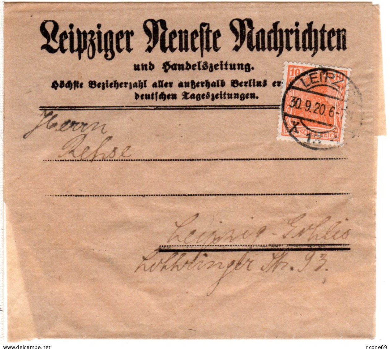 DR 1920, EF 10 Pf. Germania Auf Orts-Drucksachenschleife Leipziger Nachrichten  - Cartas & Documentos