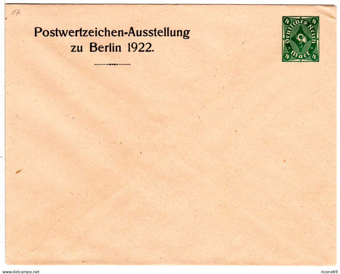 DR, Ungebr. 4 Mk Privatganzsachenumschlag Postwertzeichenausstellung Berlin 1922 - Covers & Documents