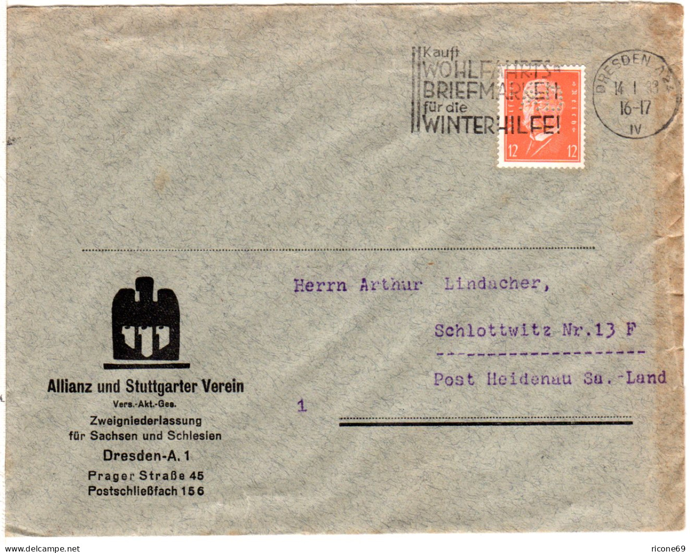 DR 1933, 12 Pf. M. Firmenlochung Auf Versicherungs Brief V. Dresden. - Briefe U. Dokumente