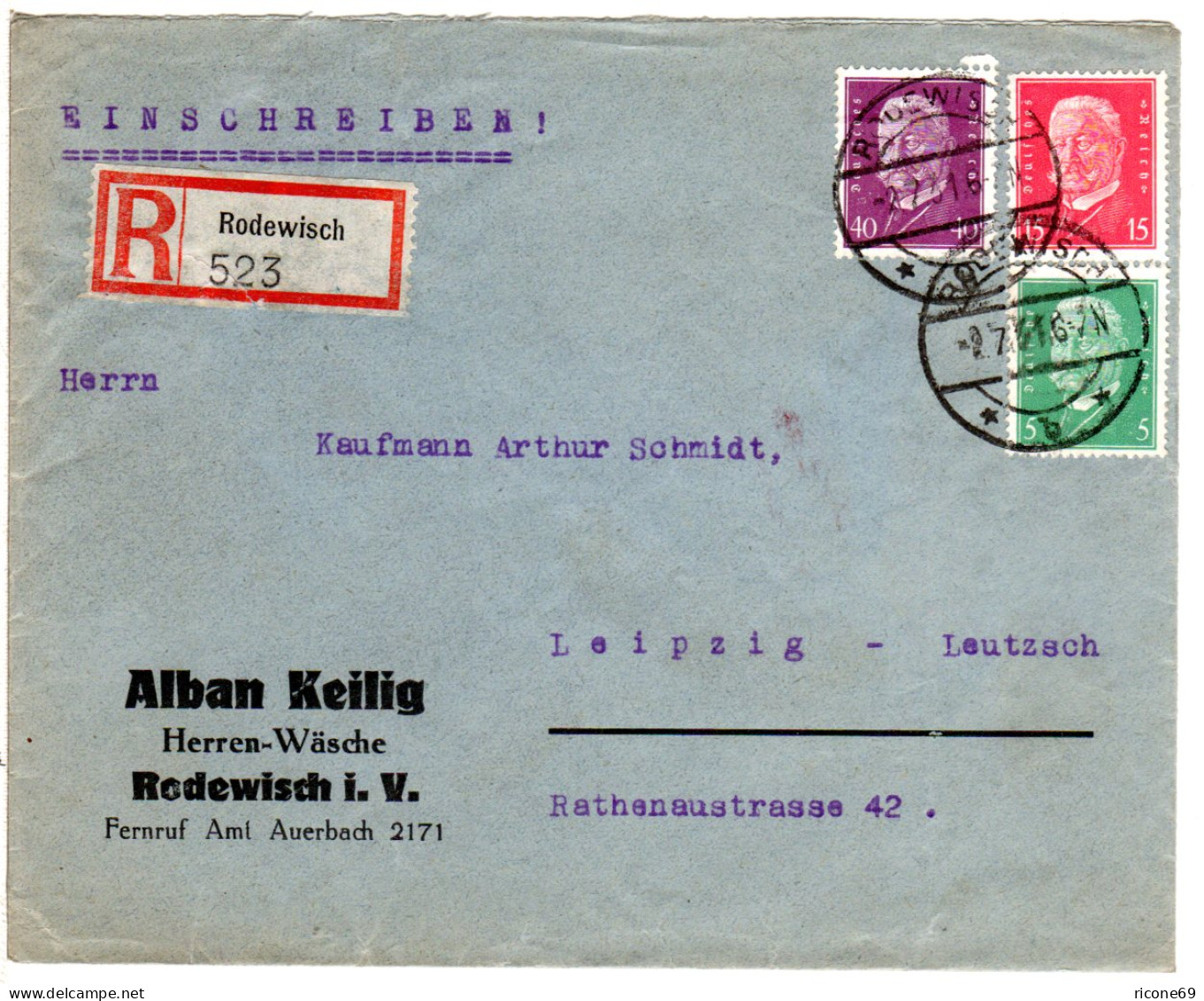 DR 1931, 5+15+40 Pf. Auf Portorichtigem Firmen Einschreiben Brief V. Rodewisch - Lettres & Documents