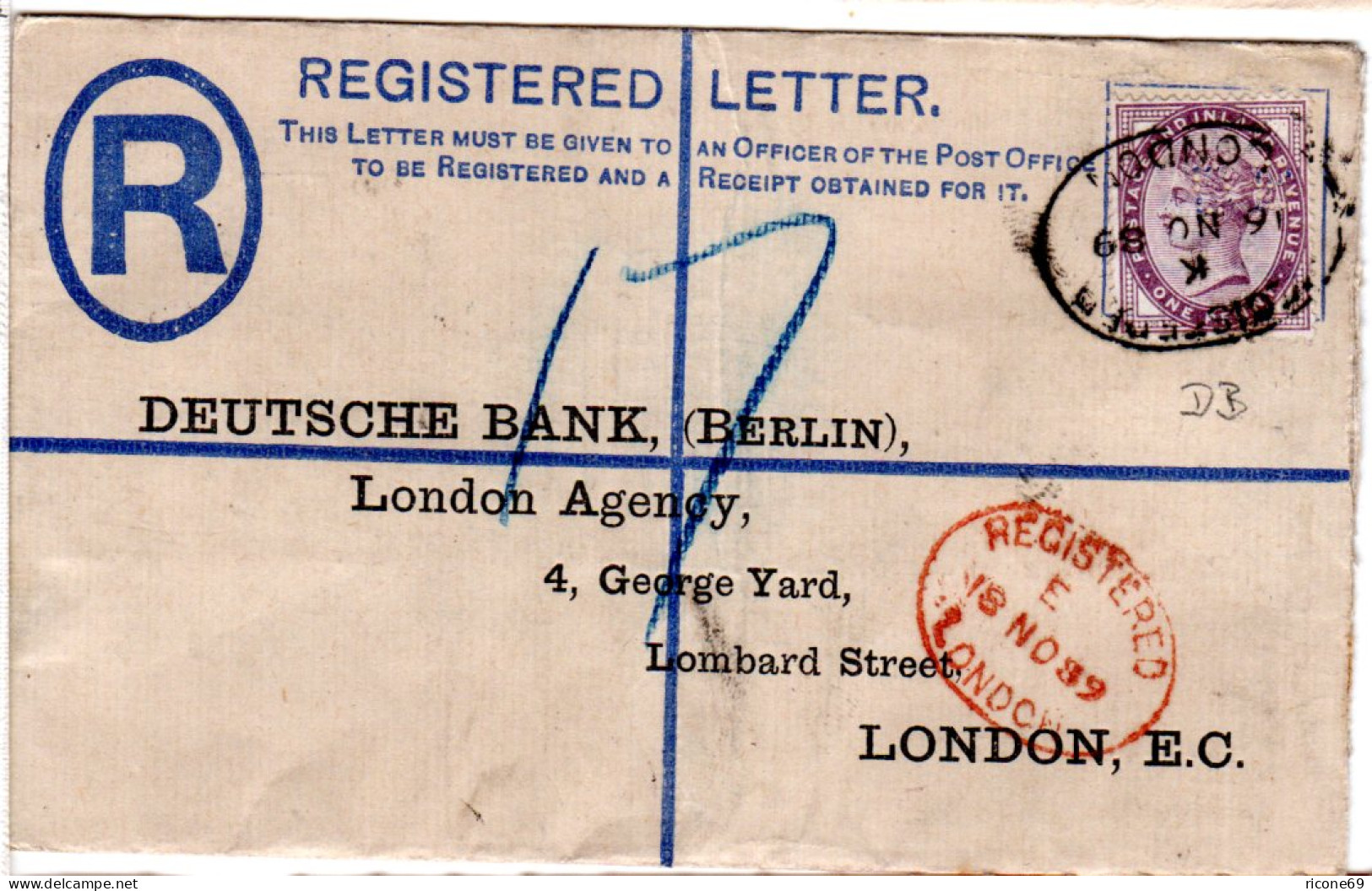 GB 1889, 1d M. Perfin Auf 2d Einschreiben Ganzsache Brief V. London. - Other & Unclassified