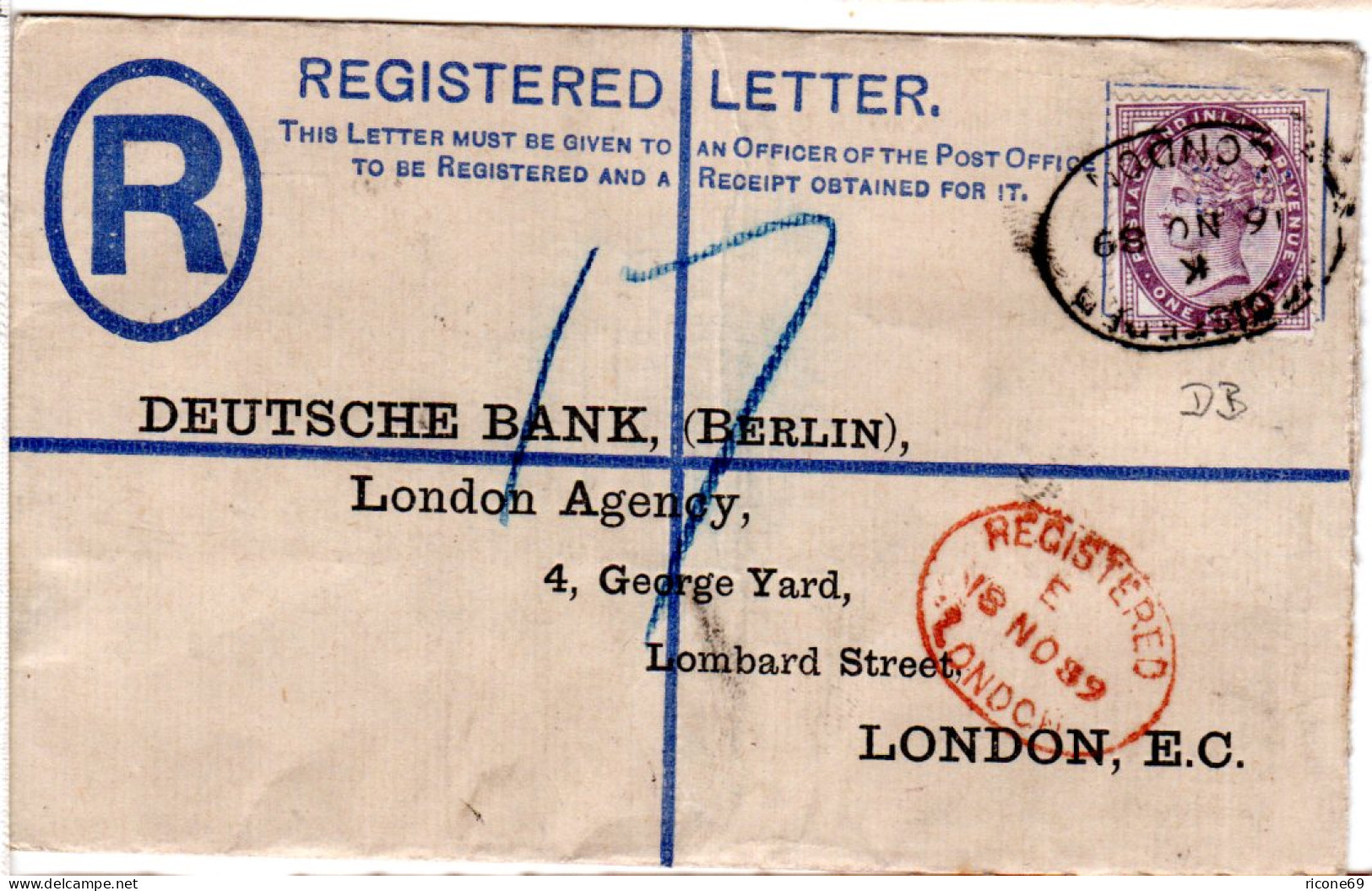 GB 1889, 1d M. Perfin Auf 2d Einschreiben Ganzsache Brief V. London. - Autres & Non Classés