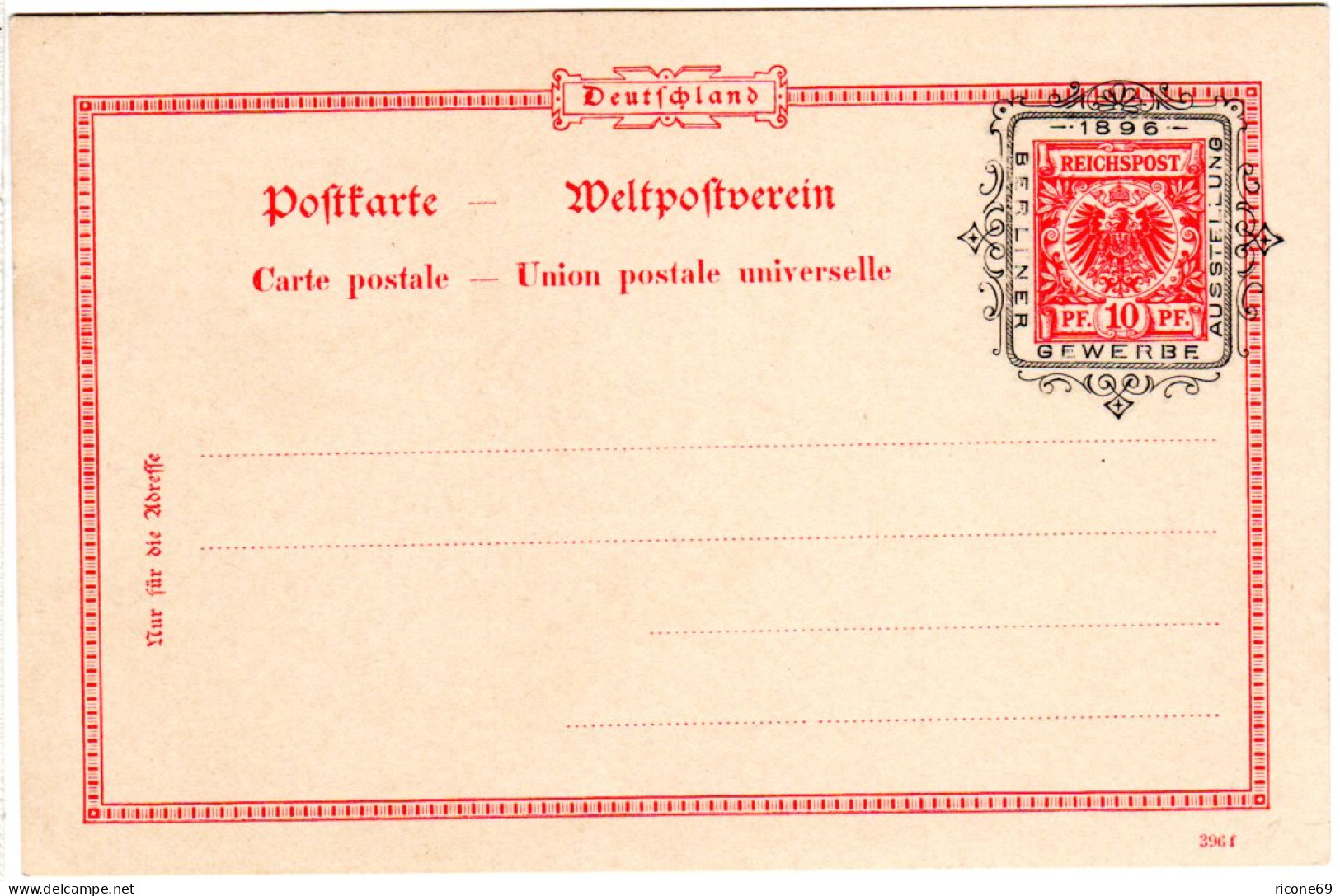 DR, Ungebr. 10 Pf. Privatganzsache Karte Gewerbe Ausstellung Berlin 1896. - Autres & Non Classés