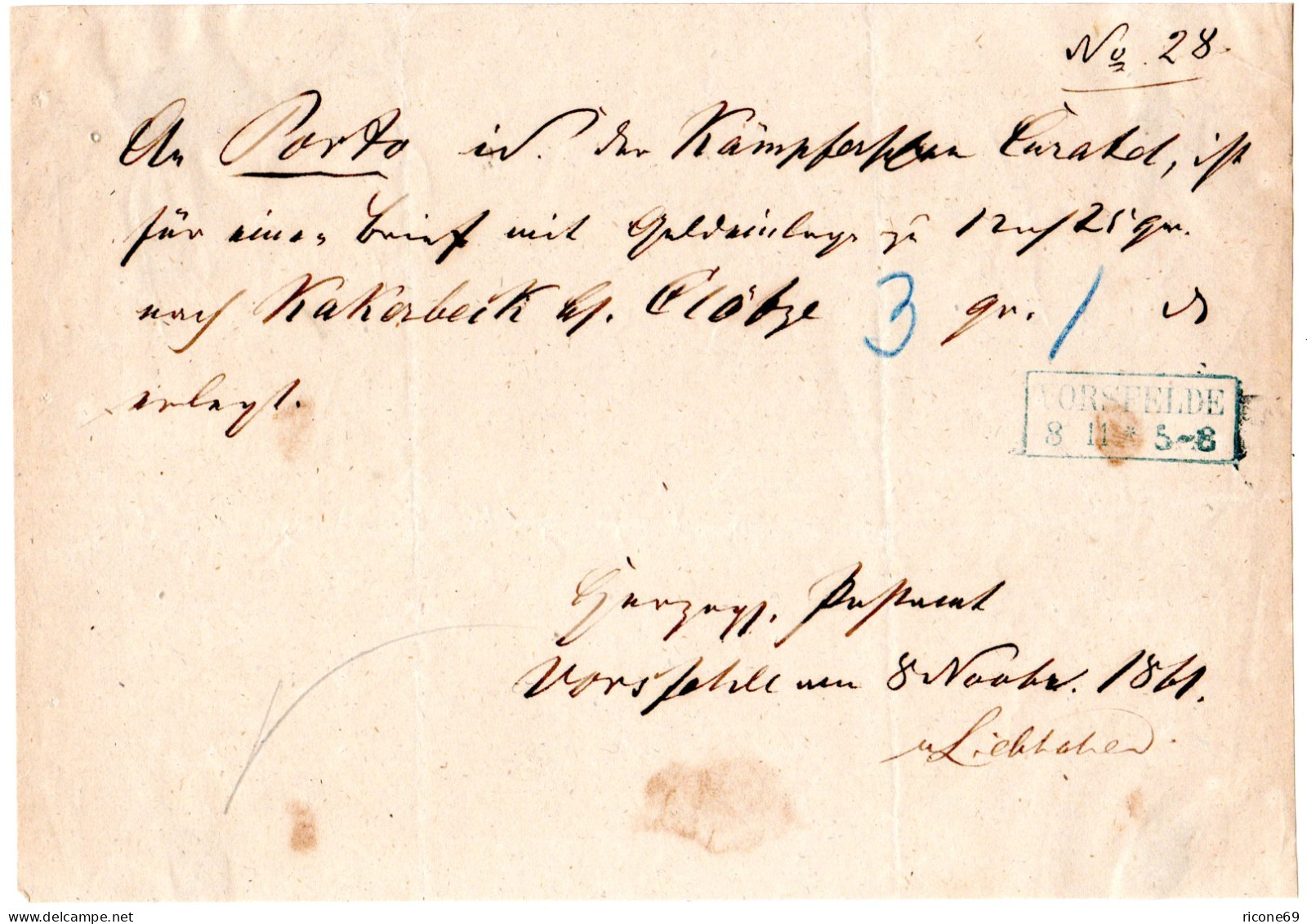 Braunschweig 1861, Postschein Bzgl. Portoforderung M. Blauem R2 VORDFELDE - Brunswick