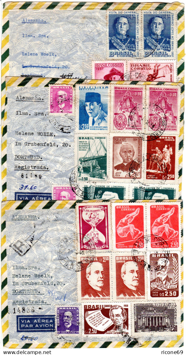 Brasilien 1957/59, 3 Luftpost Einschreiben Briefe  N. Deutschland - Lettres & Documents