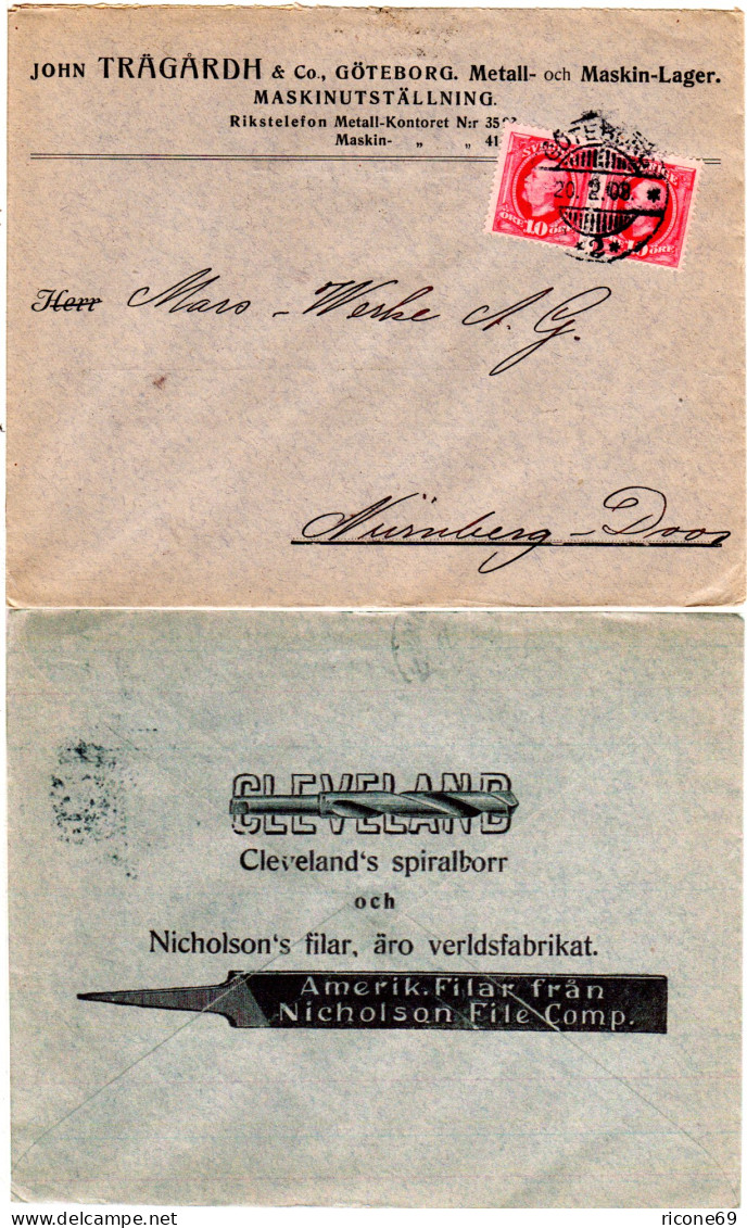 Schweden 1908, 2x10 öre Auf Firmenbrief V. Göteborg M. Rücks. Illustration - Briefe U. Dokumente