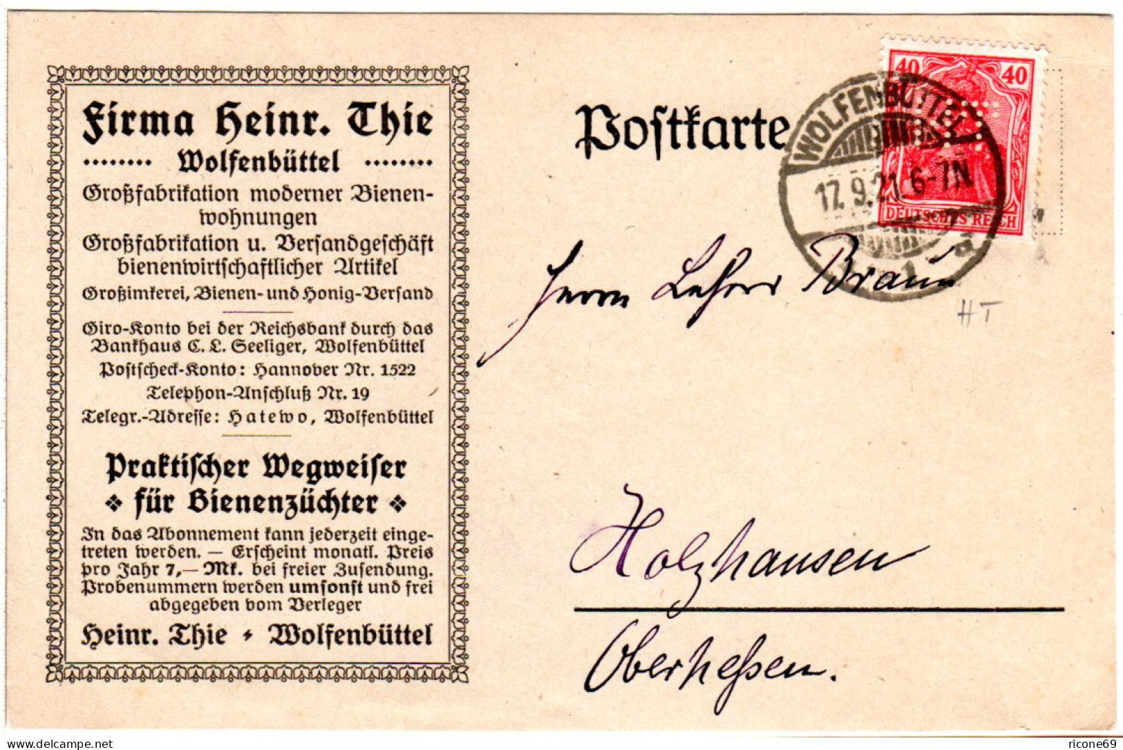 DR 1921, 40 Pf. Germania M. Perfin Auf Bienenzüchter Firmenkarte V. Wolfenbüttel - Autres & Non Classés