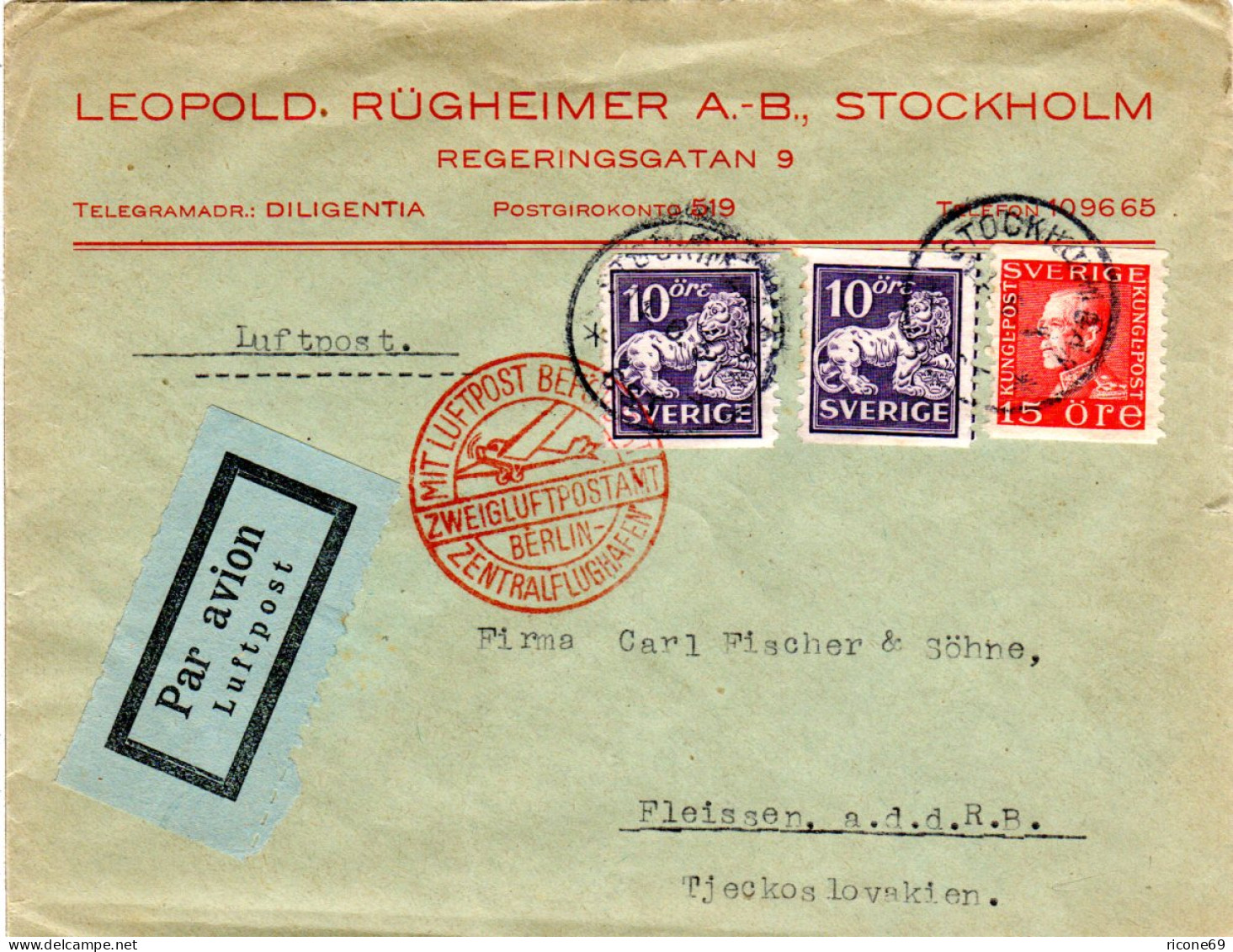 Schweden 1934, 15+2x10 öre Auf Luftpost Brief V. Stockholm I.d. Tschechoslowakei - Lettres & Documents