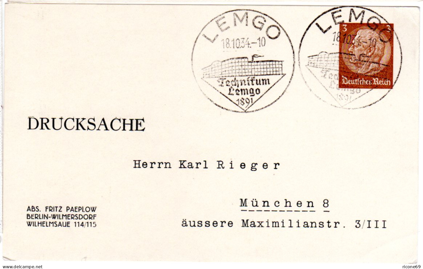 DR, Gebr. 3 Pf. Privatganzsachenkarte Fritz Paeplow V. Lemgo N. München - Autres & Non Classés