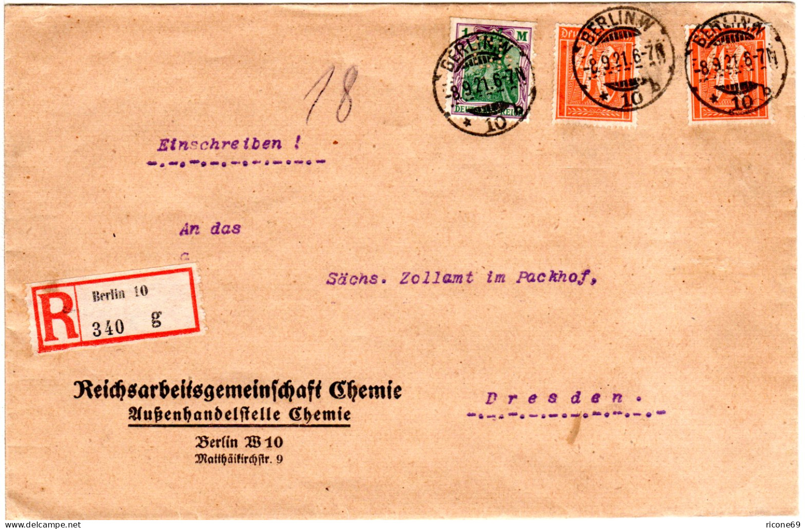 DR 1921, 1 Mk+2x40 Pf. M. Perfin Auf Rekobrief D. Reichsarbeitsgemeinsch. Chemie - Cartas & Documentos