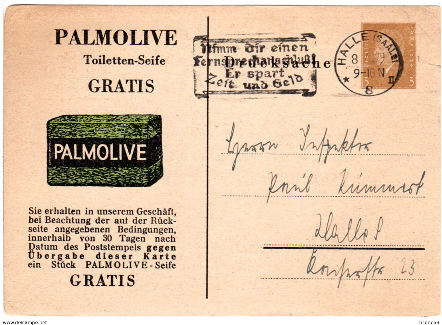 DR, Gebr. 3 Pf. Privatganzsache Karte Palmolive Toiletten-Seife - Lettres & Documents