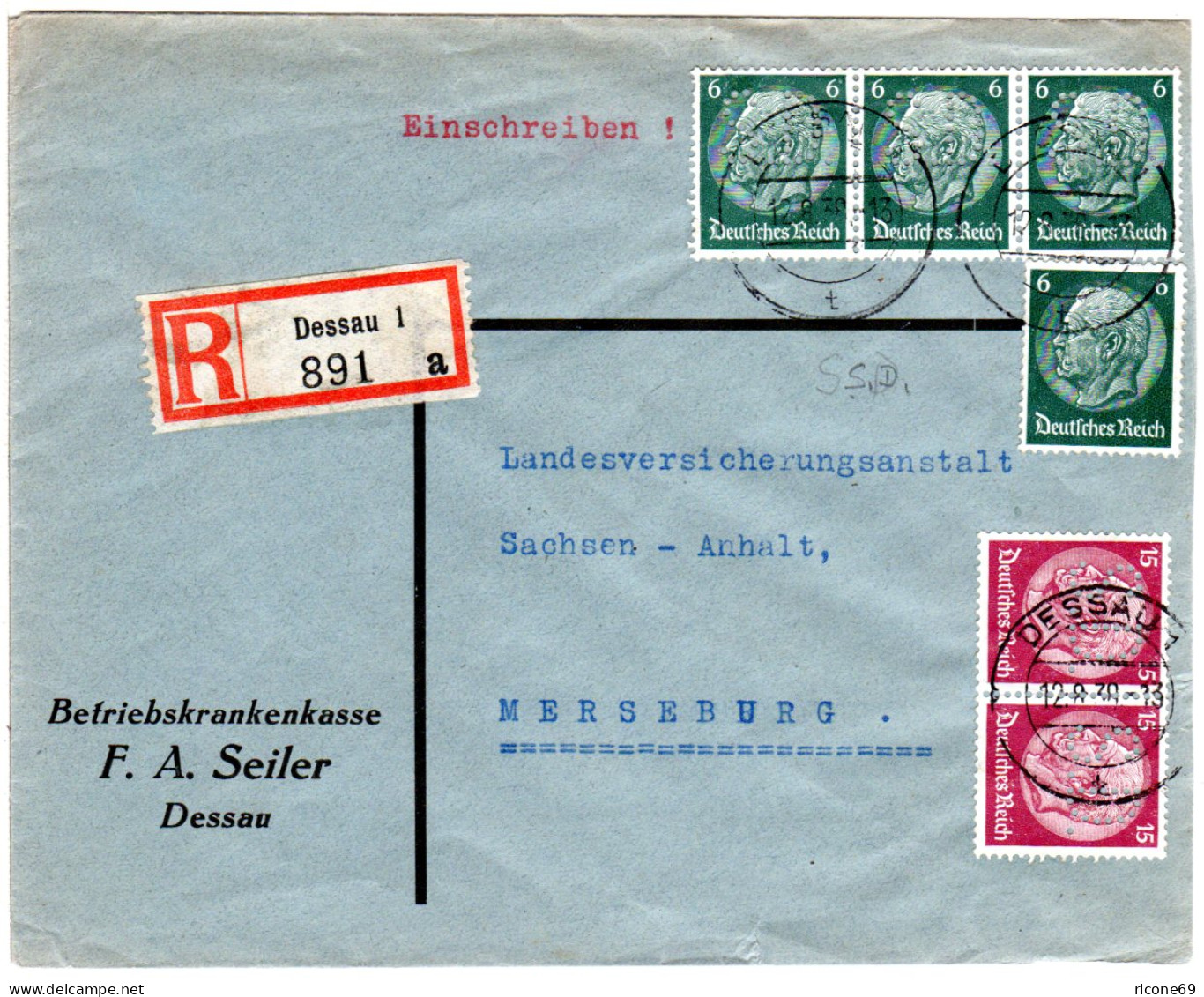 DR 1938, 4x6+Paar 15 Pf. M. Perfin Auf Einschreiben Vordruckumschlag V. Dessau - Other & Unclassified