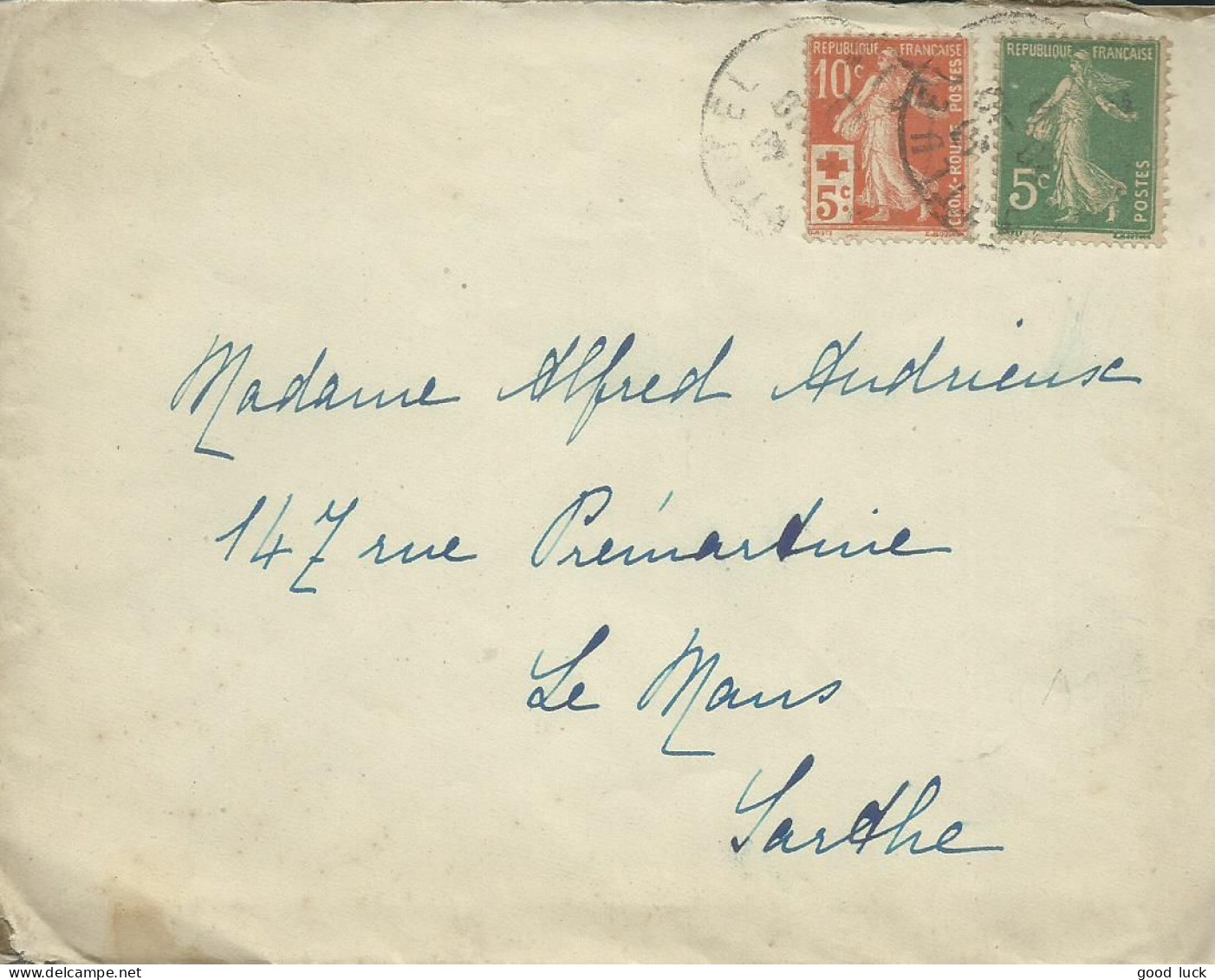 FRANCE  LETTRE 15c + 5c MONTLUEL ( AIN ) POUR LE MANS ( SARTHE ) DE 1918 LETTRE COVER - 1877-1920: Période Semi Moderne