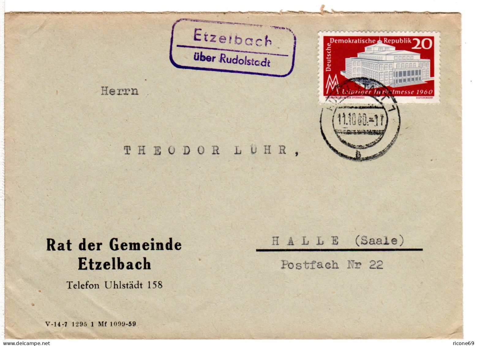 DDR 1960, Landpost Stpl. ETZELBACH über Rudolstadt Auf Gemeinde Brief M. 20 Pf. - Cartas & Documentos