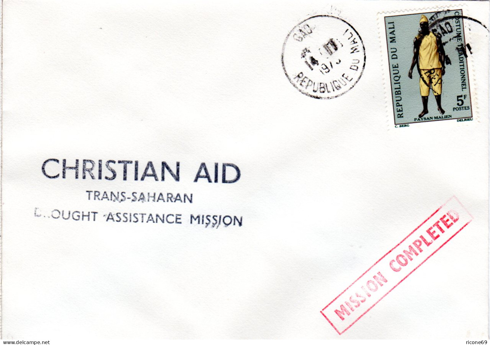 Mali  1973, 5 F Auf Christian Aid Trans-Saharan Drought Assistance Mission Brief - Malí (1959-...)