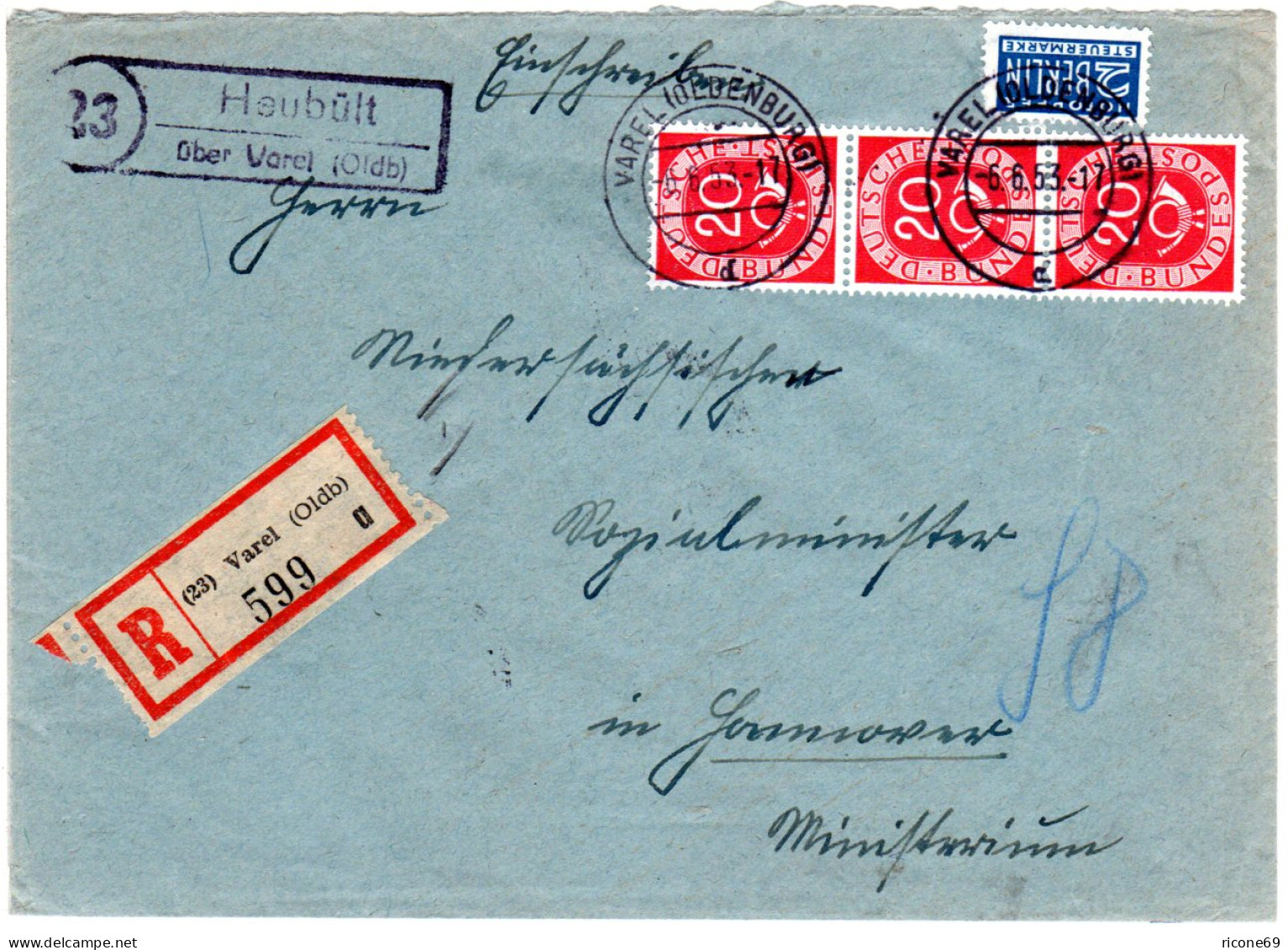 BRD 1953, Landpost Stpl. 23 HEUBÜLT über Varel Auf Einschreiben Brief M. 3x20 Pf - Briefe U. Dokumente