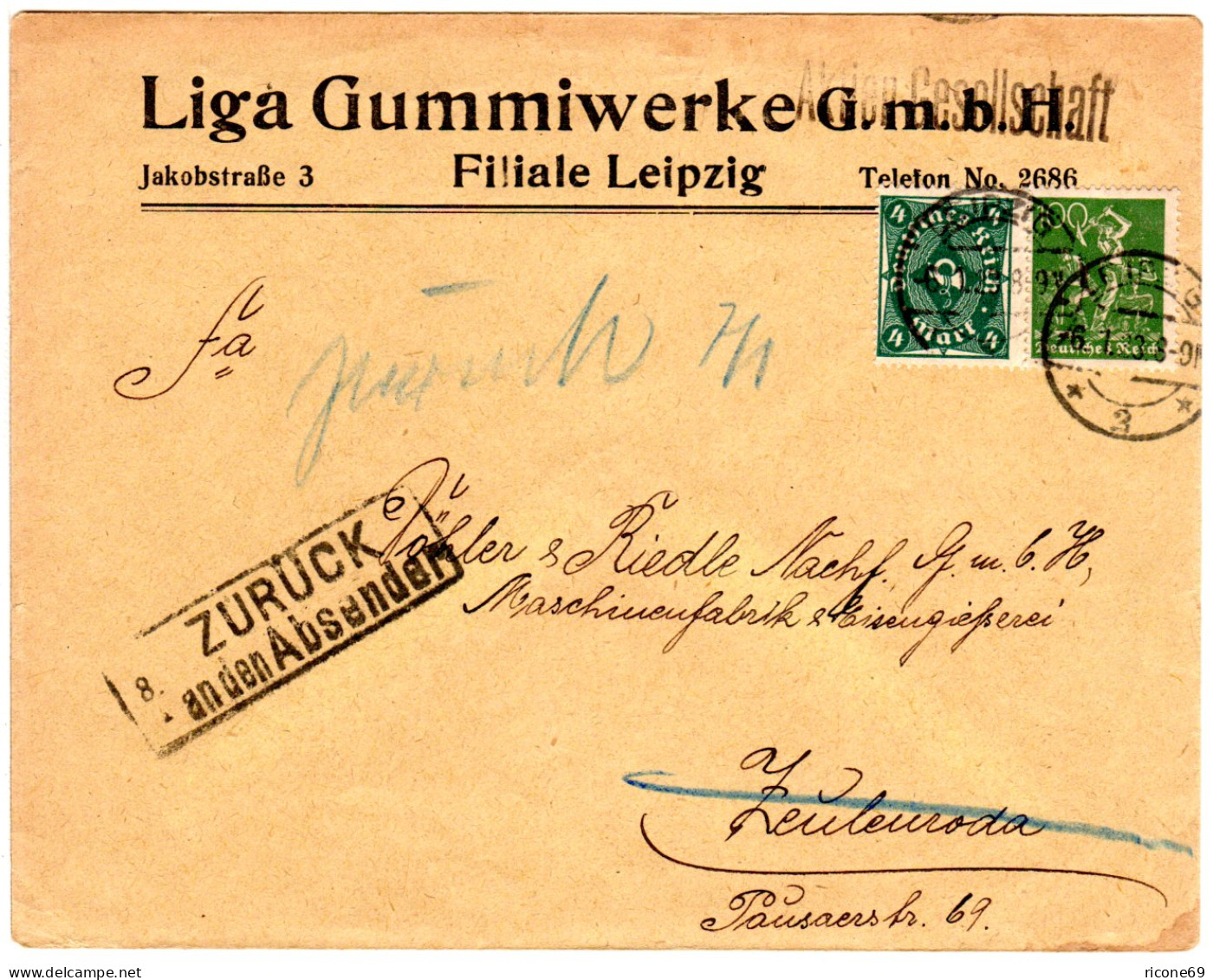 DR 1923, 100 Pf.+4 Mk. Auf Retour Brief V. Leipzig N. Zeulenroda M. Zurück-Stpl. - Lettres & Documents