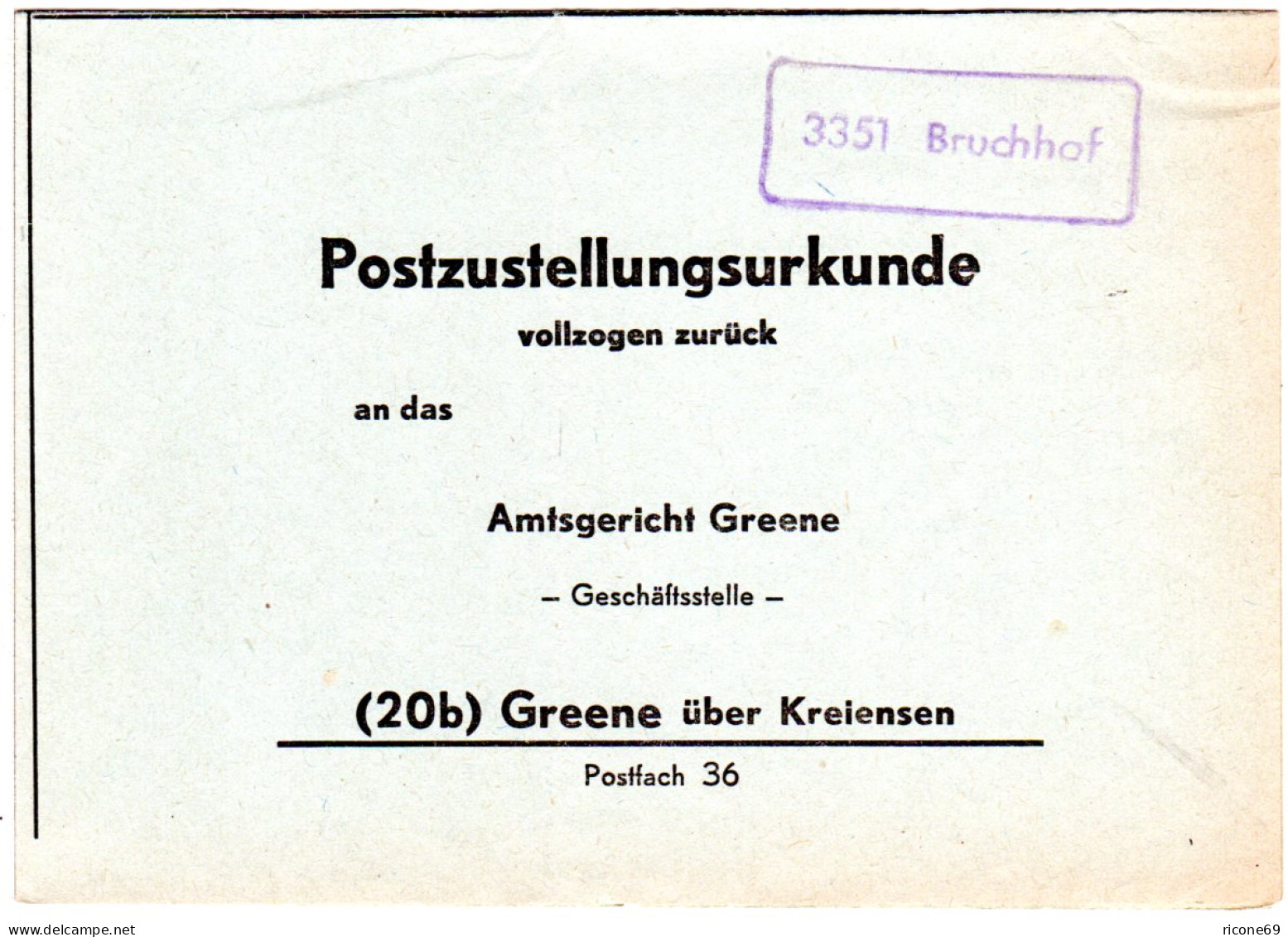 BRD 1962, Landpost Stpl. 3351 BRUCHHOF Auf Postzustellungsurkunde N. Greene - Covers & Documents