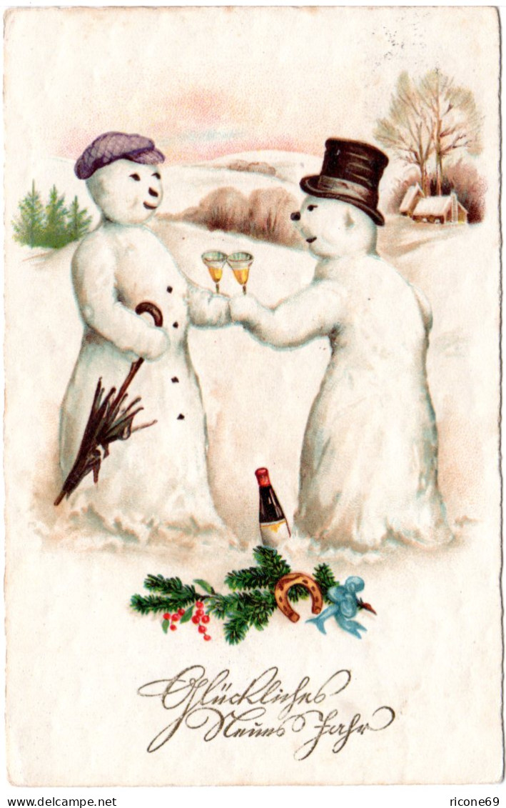 2 Schneemänner M. Sektgläsern U. Hufeisen, 1933 Gebr. Neujahrs Karte.  - Autres & Non Classés