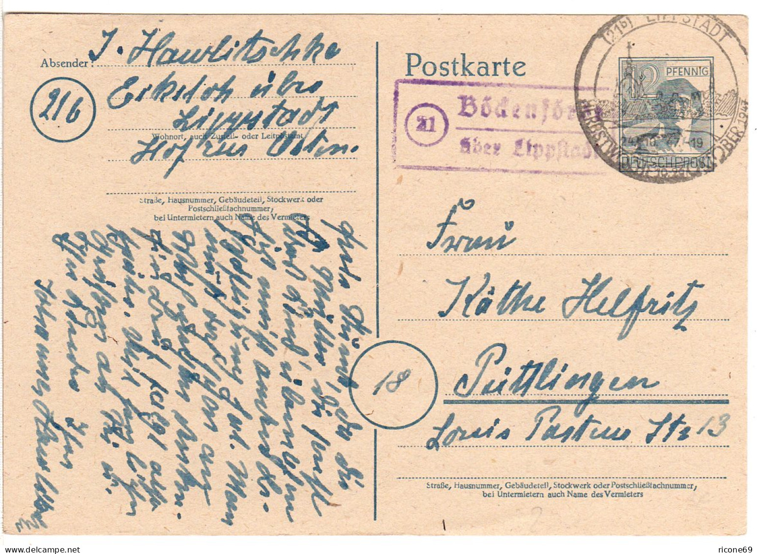 1947, Landpost Stpl. 21 BÖCKENFÖRDE über Lippstadt Auf 12 Pf. Ganzsache - Lettres & Documents