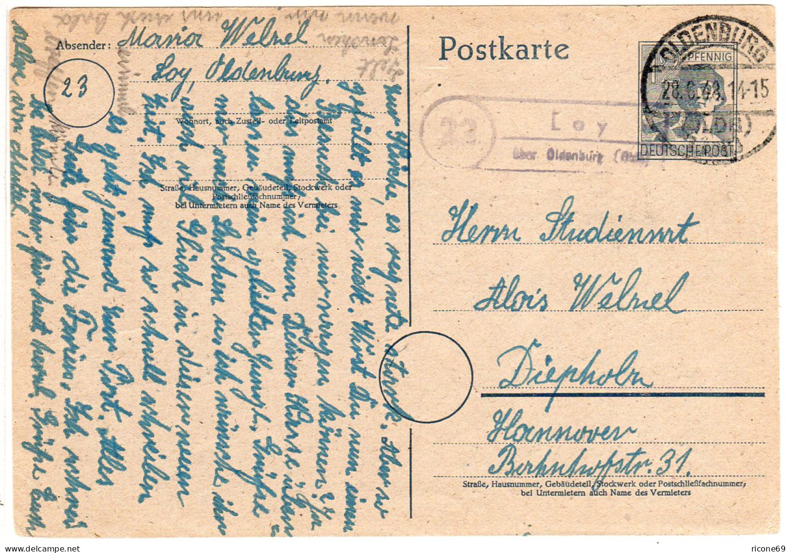 1948, Landpost Stpl. 23 LOY über Oldenburg Auf 12 Pf. Ganzsache - Covers & Documents
