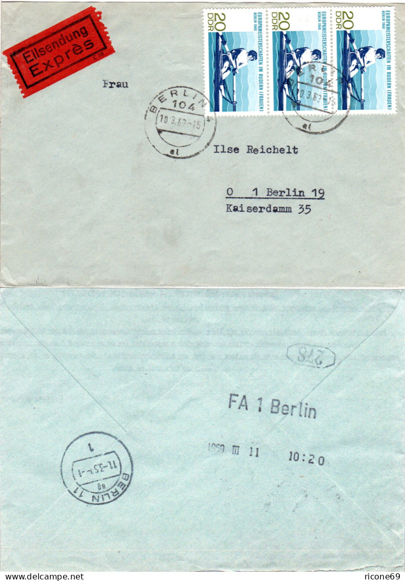 DDR 1969, MeF 3x20 Pf. Rudern Auf Eilboten Brief V. Berlin 104. Mit ROHRPOST - Covers & Documents