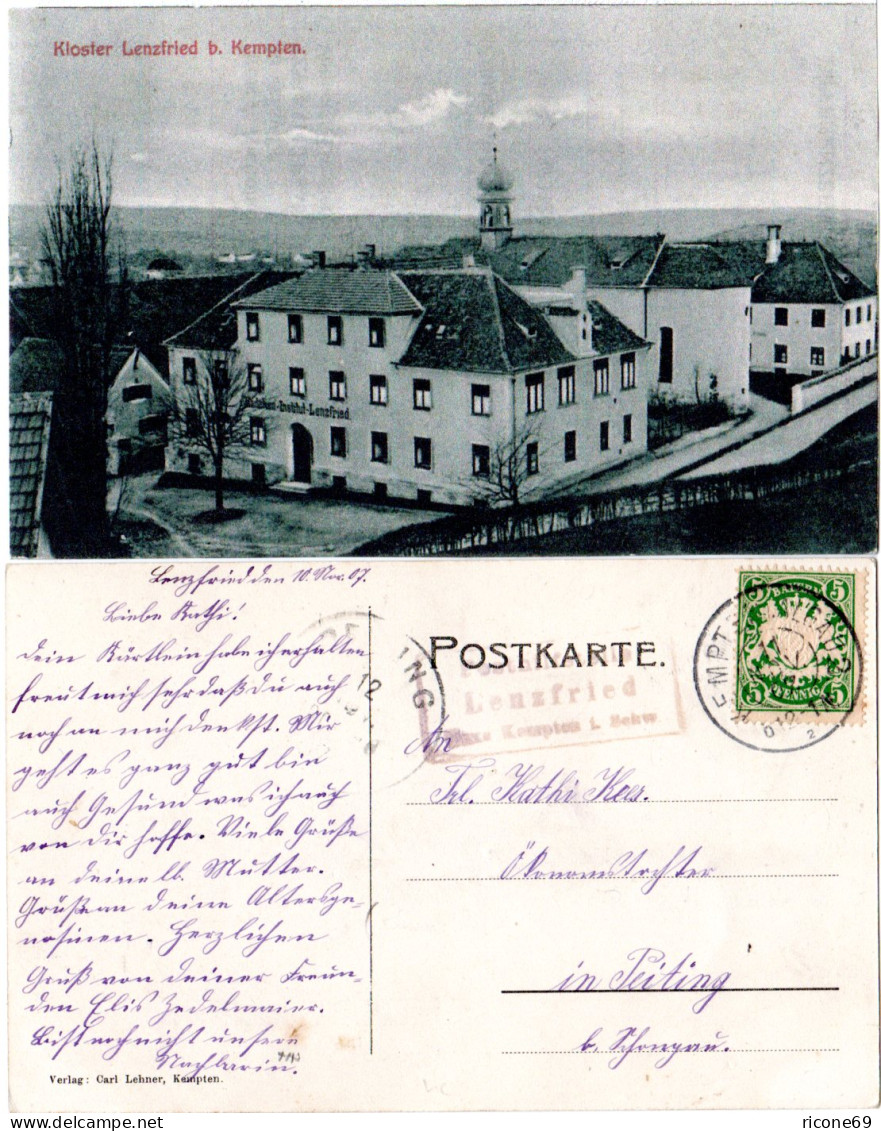 Bayern 1907, Posthilfstelle LENZFRIED Taxe Kempten I. Schw. Auf Sw-AK M. 5 Pf. - Cartas & Documentos