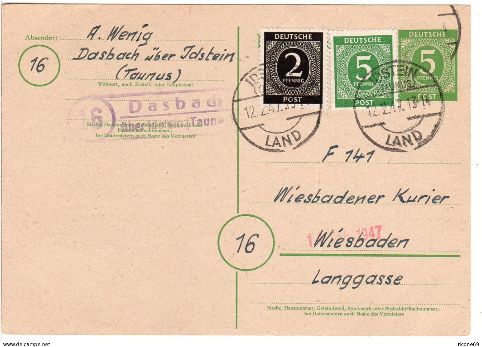 1947, Landpost Stpl. 16 DASBACH über Idstein Auf 5 Pf. Ganzsache M. Zusatzfr. - Lettres & Documents
