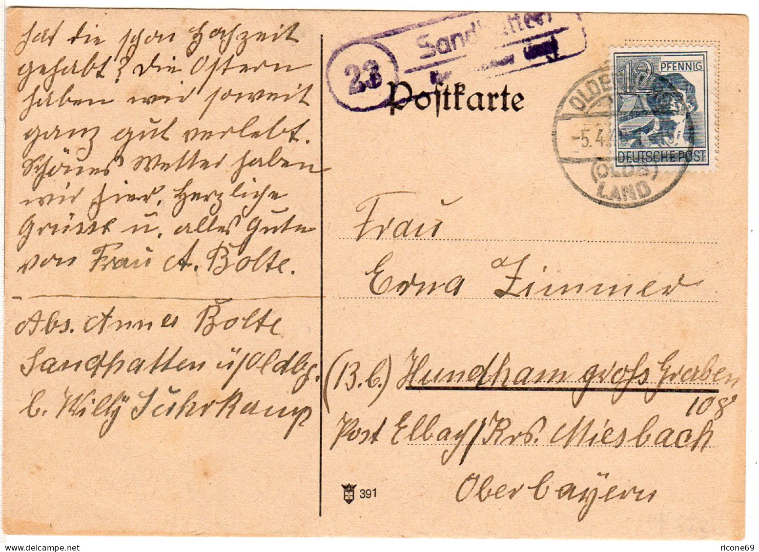 1948, Landpost Stpl. 23 SANDHATTEN über Oldenburg Auf Karte M. 12 Pf.  - Covers & Documents