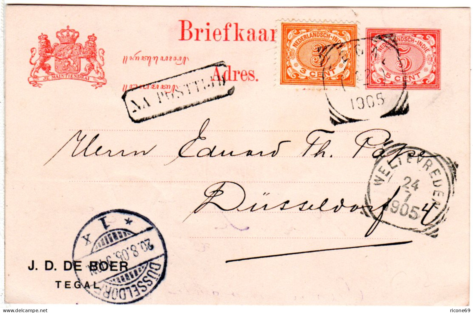 NL Indien 1905, 3 C. Auf 5 C. Ganzsache V. Tegal N. Düsseldorf M R1 Na Posttijd - Autres - Asie