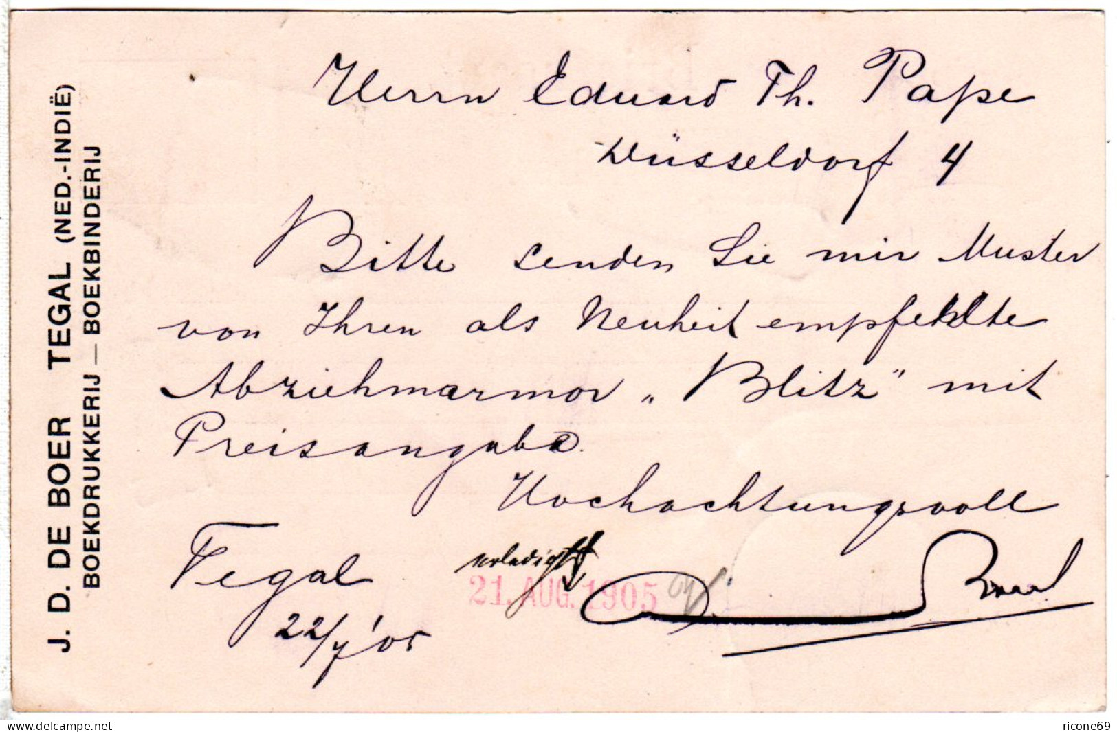 NL Indien 1905, 3 C. Auf 5 C. Ganzsache V. Tegal N. Düsseldorf M R1 Na Posttijd - Autres - Asie