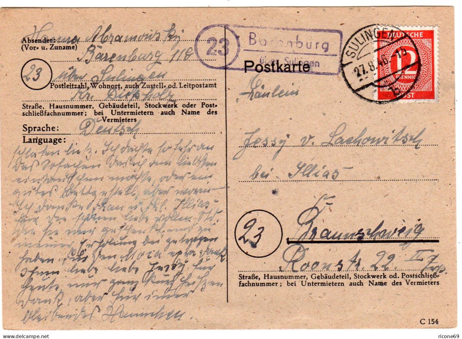 1946, Landpost Stpl. 23 BARENBURG über Sulingen Auf Karte M. 12 Pf.  - Lettres & Documents
