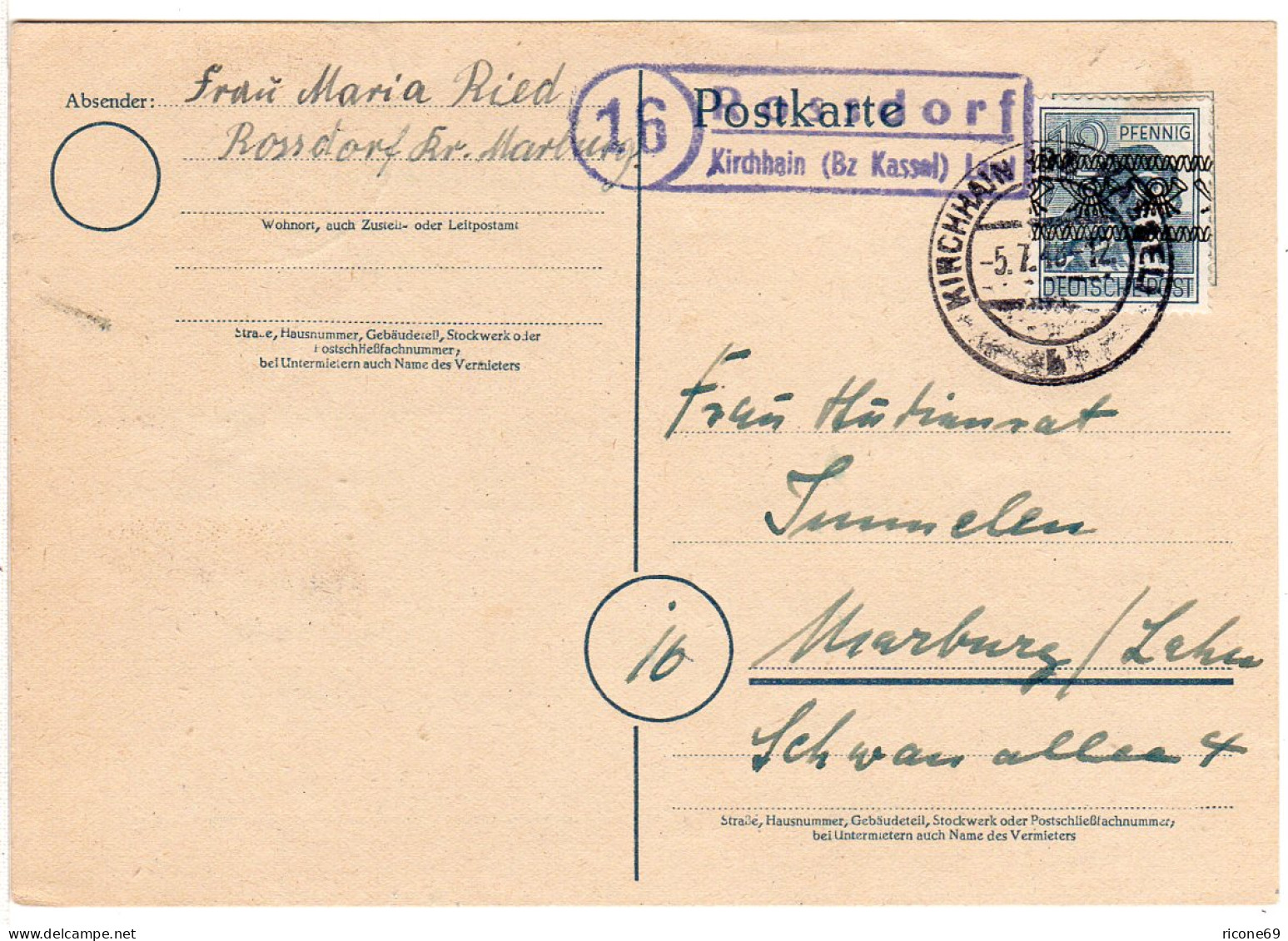 1948, Landpost Stpl. Rossdorf über Kirchhain Auf Karte M. 12 Pf. N. Marburg. - Lettres & Documents