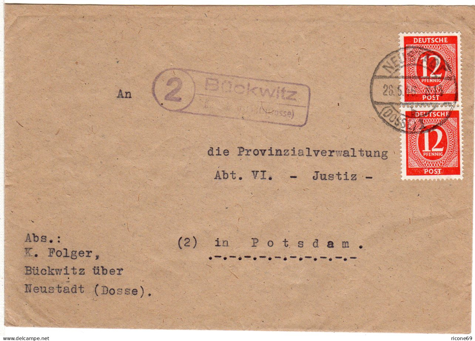 1946, Landpost Stpl. 2 BÜCKWITZ über Neustadt (Dosse) Auf Brief M. 2x12 Pf - Covers & Documents