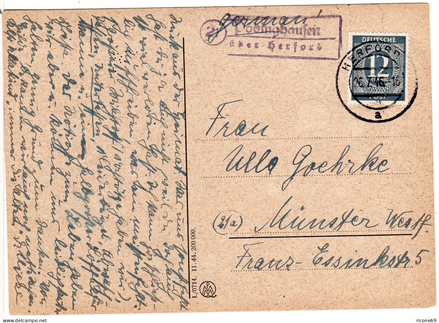 1946, Landpost Stpl. PODINGHAUSEN über Herford Auf Karte M. 12 Pf. N. Münster. - Lettres & Documents