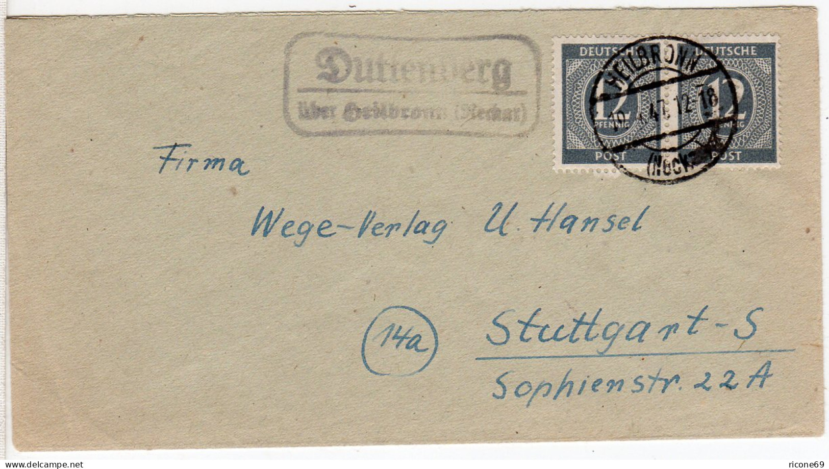 1947, Landpost Stpl. DUTTENBERG über Heilbronn Auf Brief M. 2x12 Pf - Lettres & Documents