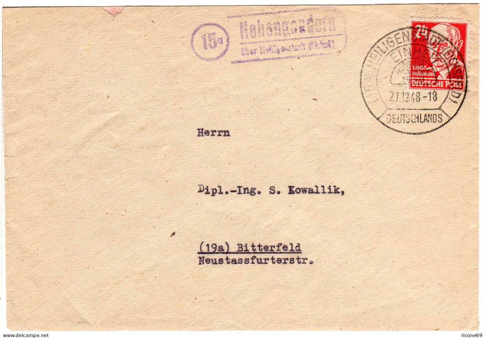 1948, Landpost Stpl. 15a HOHENGANDERN über Heiligenstadt Auf Brief M. 24 Pf - Brieven En Documenten