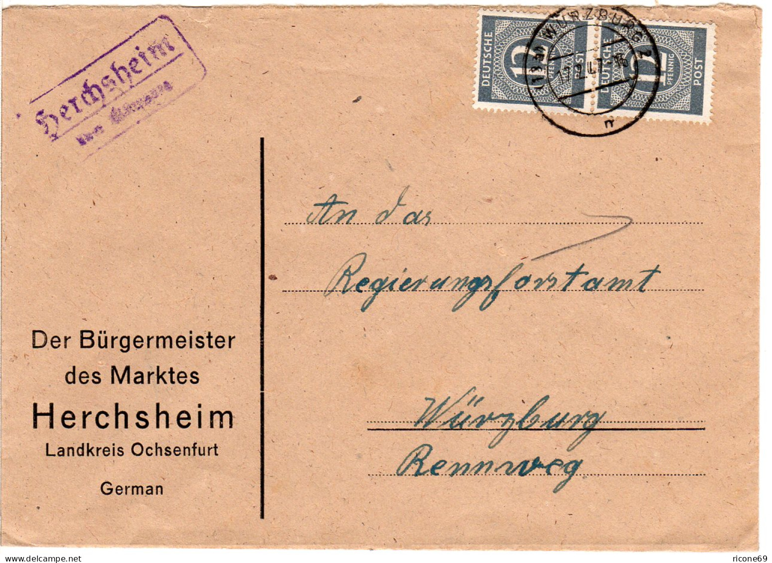 1947, Landpost Stpl. HERCHSHEIM über Würzburg Auf Bürgermeister Brief M. 2x12 Pf - Lettres & Documents