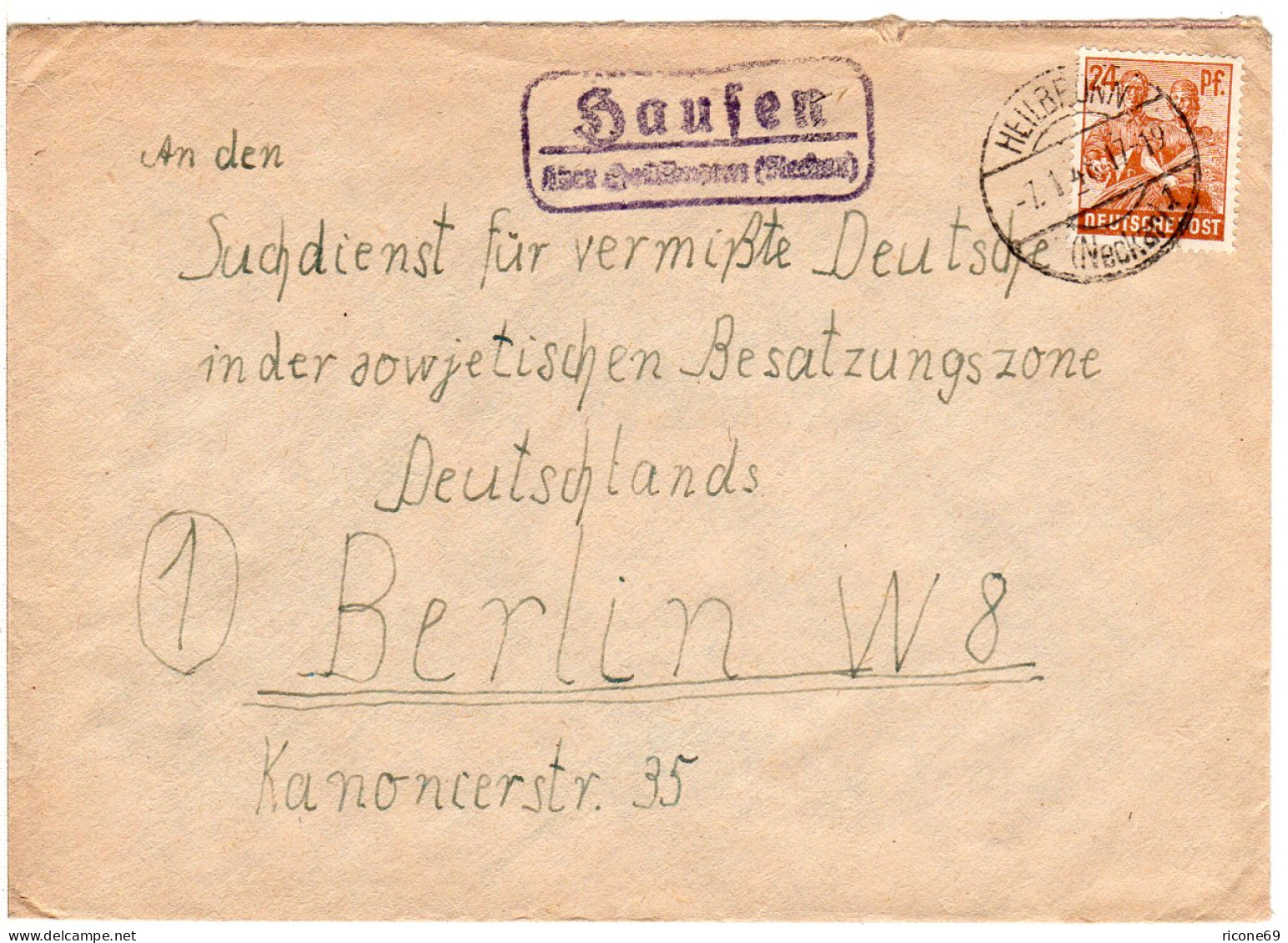 1948, Landpost Stpl. HAUSEN über Heilbronn Auf Suchdienst Brief M. 24 Pf - Lettres & Documents