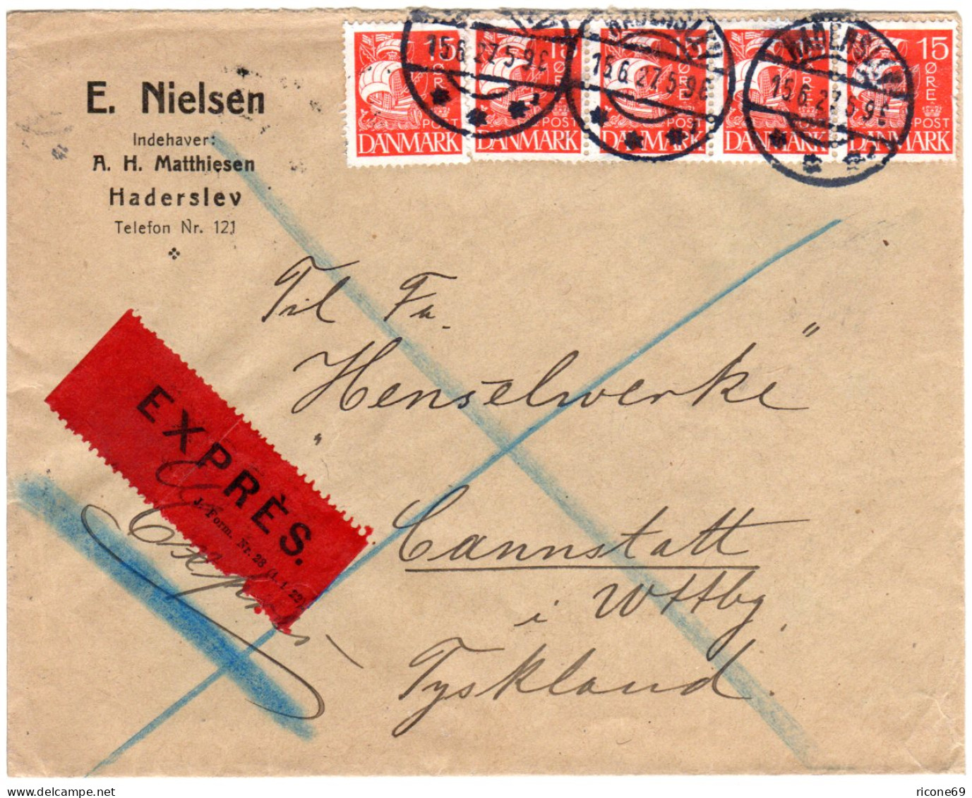 Dänemark 1927, MeF 5x15 öre Auf Express Brief V. Haderslev N. Württemberg - Other & Unclassified